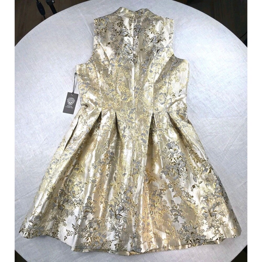Vince Camuto Metallic Floral Jacquard Fit & Flare Dress Gold Gray 12 NWT - Picture 8 of 15